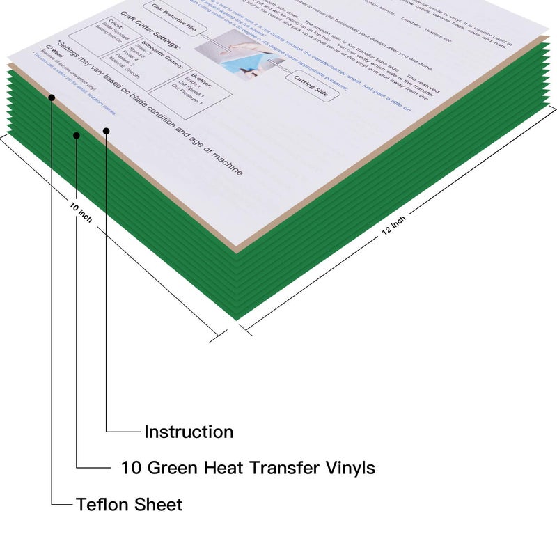 JANDJPACKAGING Green Heat Transfer Vinyl Bundle: 10 Pack 12"x10" Sheets, HTV Vinyl Sheets for Cricut & Silhouette Cameo or Home Iron On Vinyl T-Shirts & Fabrics - Image 2